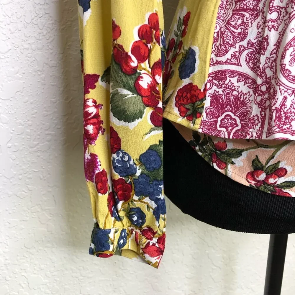 Anthropologie Meadow Rue yellow pink mixed floral wrap front top size 6 - Picture 6 of 16